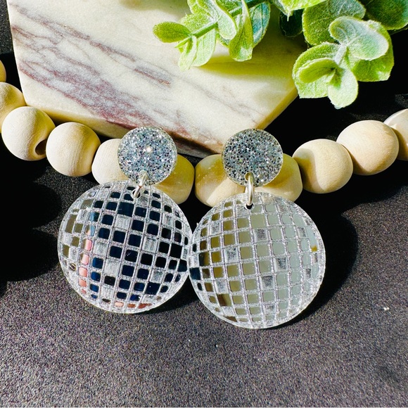 Disco Ball Earrings Silver Mirrors Post/ Stud - Picture 1 of 5